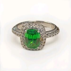 Tacori Platinum Clad 925 Sterling Green Stone & diamonique Halo Ring Size 10